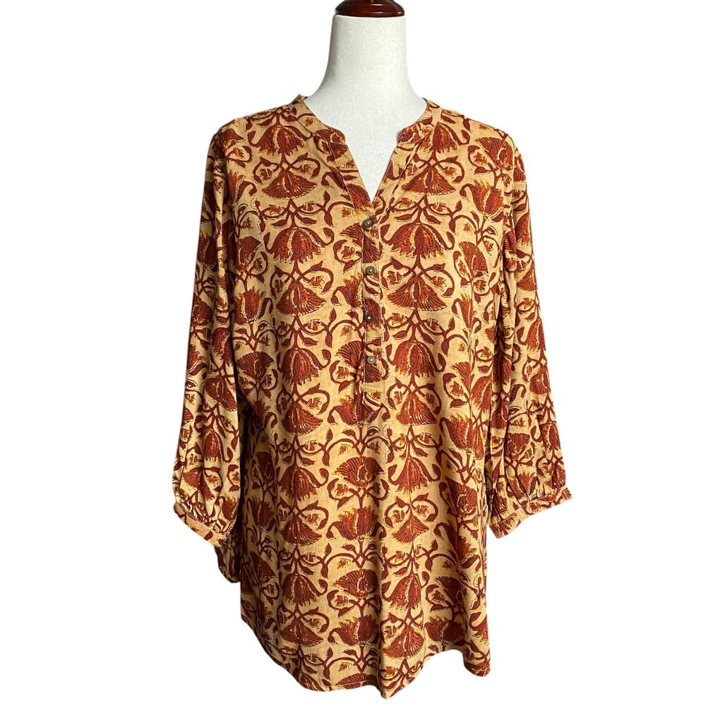 Utsa Boho Artsy Lagenlook Loose Fit Tunic Womens XL Brown Floral Viscose